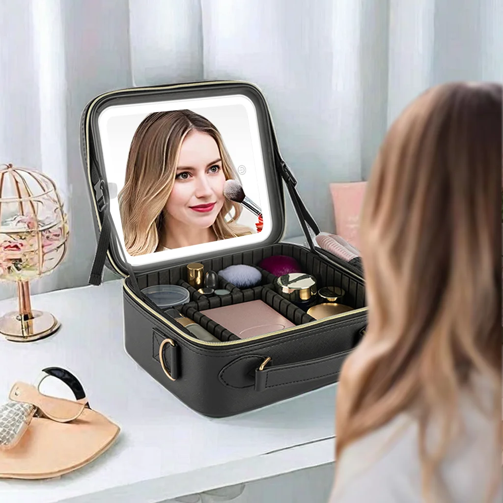 Makeup Bag With LED Mirror With Makeup Case Waterproof PU Leather Travel Cosmetic Case For Girl Gift Carry-on Bag with Mirror