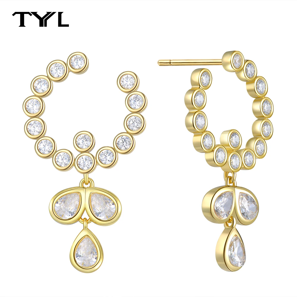 

TYYL New 925 Silver Needle 18k Gold Plated Bezel Zircon Water Drop Earrings for Women Small Row Diamond Circle Stud Earring Gift