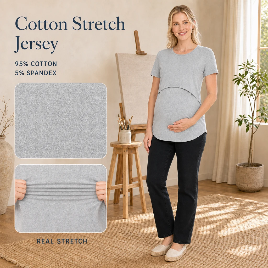 Maternity Nursing Top Short Sleeve Cotton Lift Up Layer Breastfeeding T-shirt Casual Pregnancy Postpartum Shirt for Women