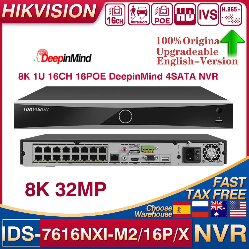 Hikvision Network 8K 32MP iDS-7616NXI-M2/16P/X NVR 1U 16CH 16POE DeepinMind 4SATA  AI MD2.0 Surveillance Network Video Recorder