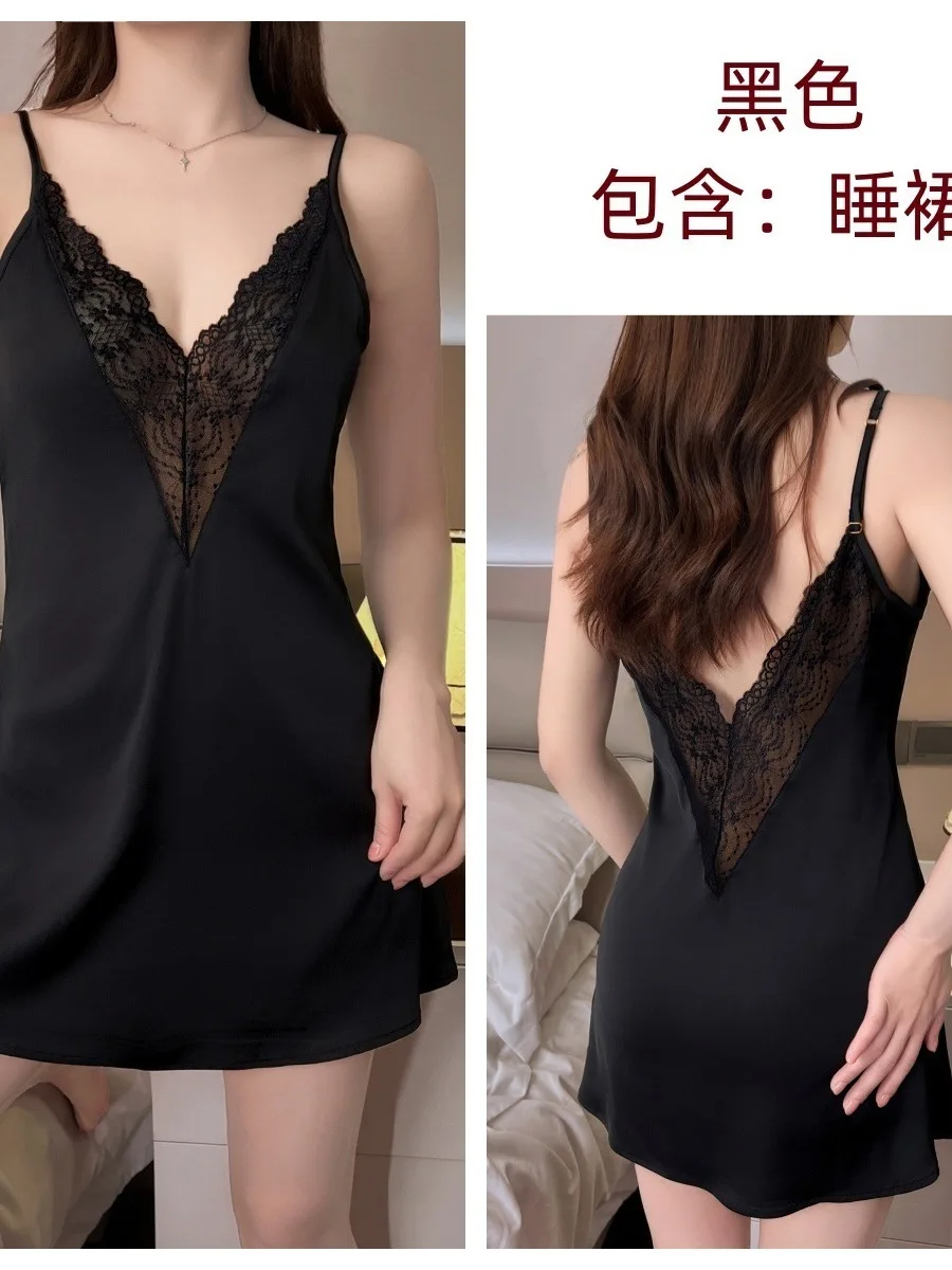 Fashion Sweet Sexy Lace V Neck Solid Color Sleepwear Women Backless Camisole Nightgown Women Dress Elegant 2024 New Korean XB2K