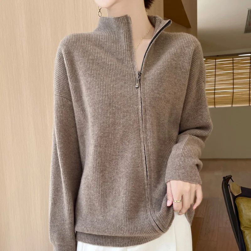 Women 100% Merino Wool Sweater Half-high Collar Cardigan Autumn/Winter Thickening Tops Cashmere Double Zipper Knitting Jacket