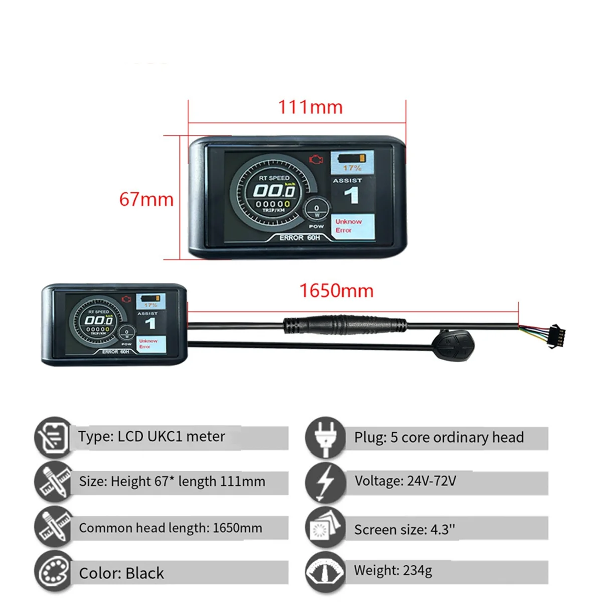 Electric Bicycle 36V 48V 52V 40A 3 Model Sinewave Controller UKC1 LCD Display for 1500W 2000W Ebike Accessories