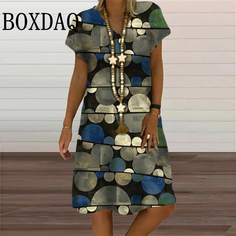 New 2024 Summer Casual Dress 6XL Women Plus Size Short Sleeve Dress Polka Dot Print Fashion V-Neck Loose Midi Dresses Vestidos