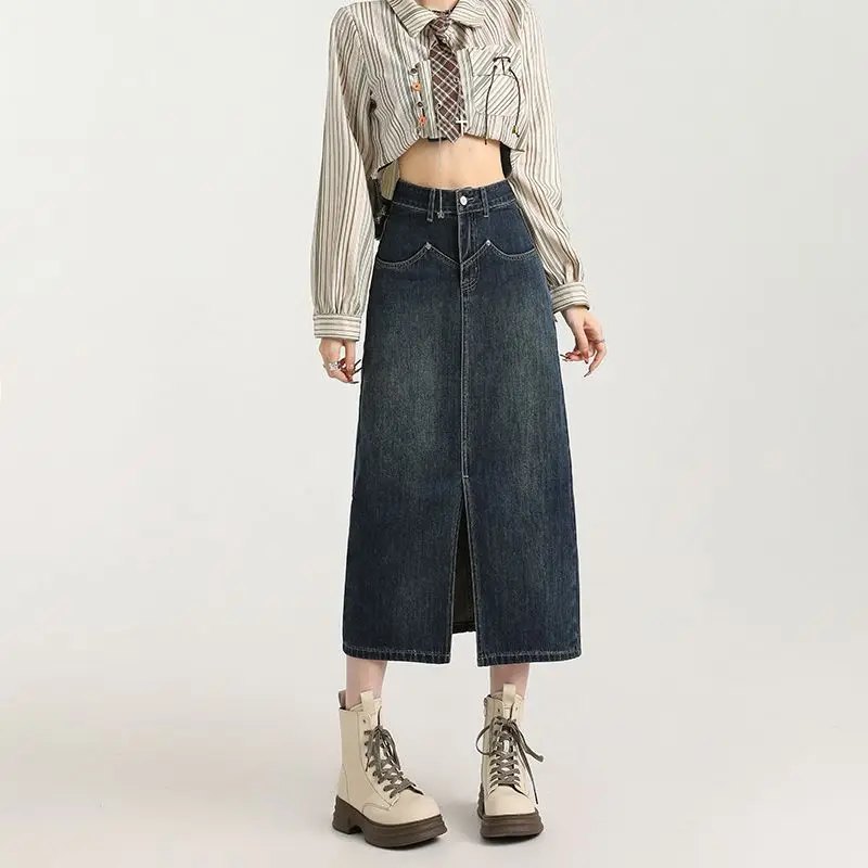 High Waist Split Denim Skirt Women's Summer Spring 2025 New Mid Length Slim Long Skirts for Women