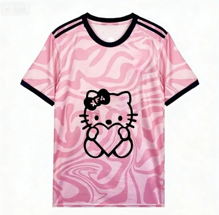 2026 Hello Kitty colaboración camiseta de fútbol de camuflaje rosa niños/adultos dulce moda fútbol Y2K camiseta de secado súper rápido