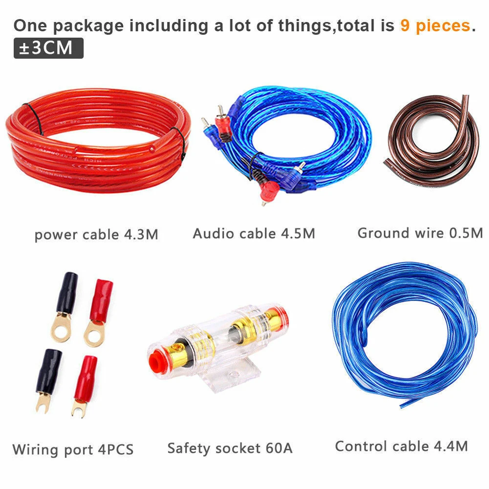 1500W Car Audio Subwoofer Amplifier Cable 8GA 60AMP High-power Audio Speakers Wiring Kit for Car Audio Speaker Modification