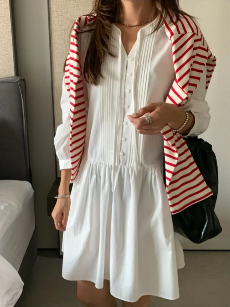 Autumn Midi Dress Women Ruffle Loose Pleated Korean Style Ladies Dresses Fashion Lantern Long Sleeve Woman Dress