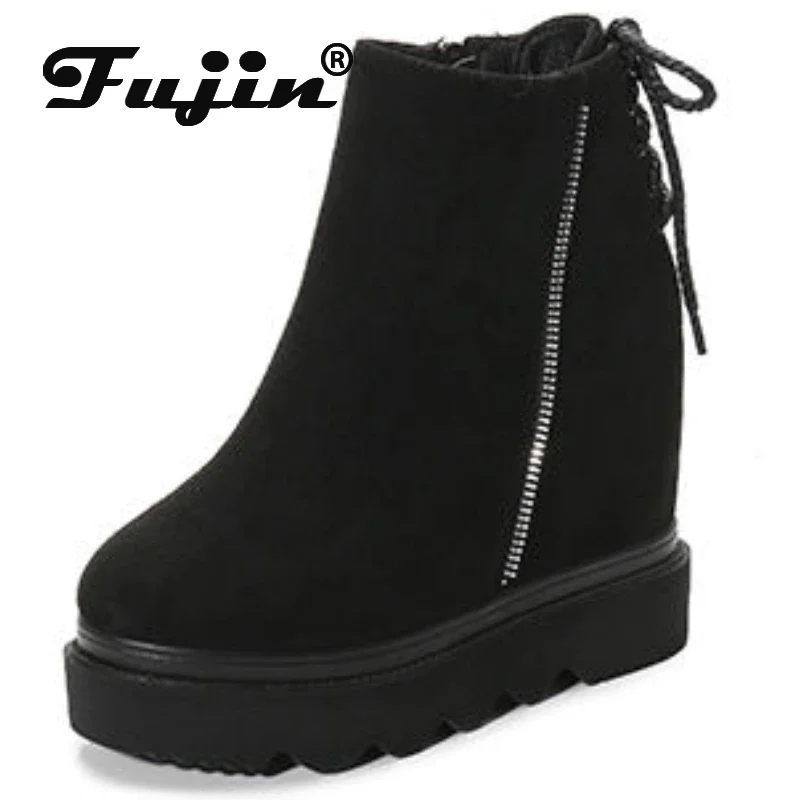 Fujin 10cm New Synthetic Stretch Fabric Suede Leather Comfy Spring Women Loafer Autumn Platform Ankle Booties Wedge Flats Shoes