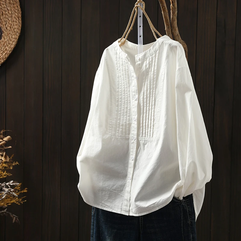 

100% Cotton Women Long Sleeve Casual Shirt New Arrival 2025 Autumn Vintage Style Stand Collar Loose Female Tops Shirts M1797