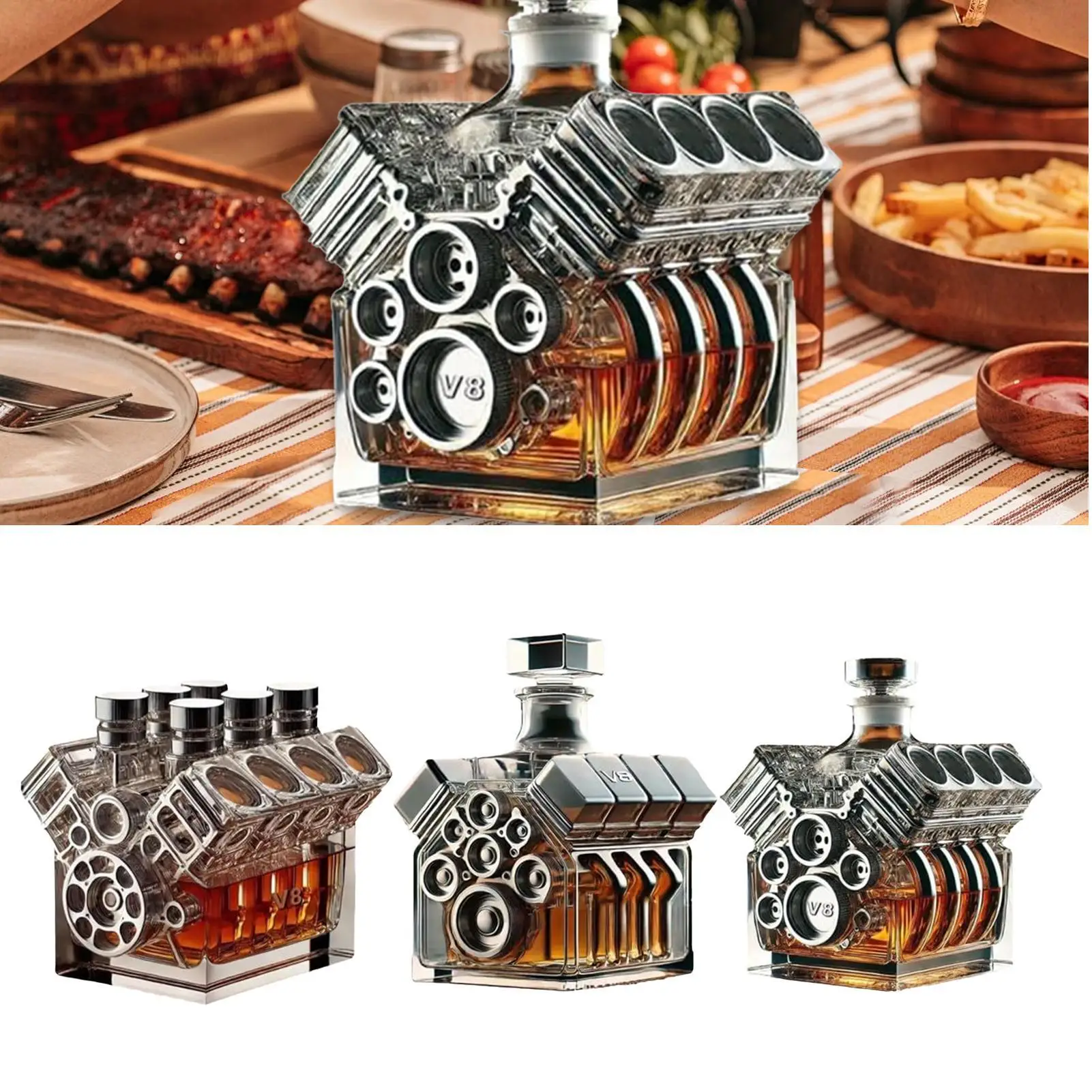 Botella de whisky V8, decantador de botellas de Vodka inspirado en el motor, decoración de vino, aparatos de Bar para Tequila Bourbon Brandy, cumpleaños