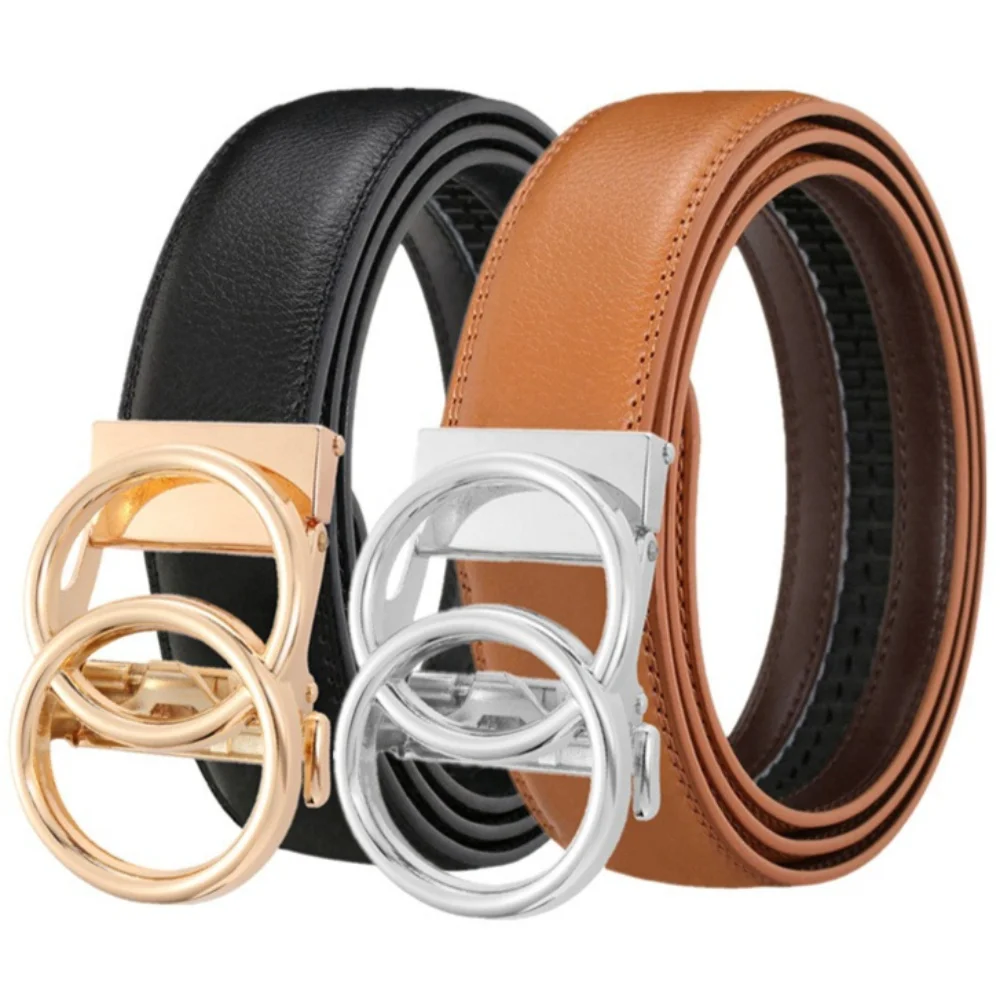 Men's Fashion Simple Cowhide Leather Belt with Double Ring Automatic Buckle Stylish Gold Silver Alloy Buckle Waistband for Pants