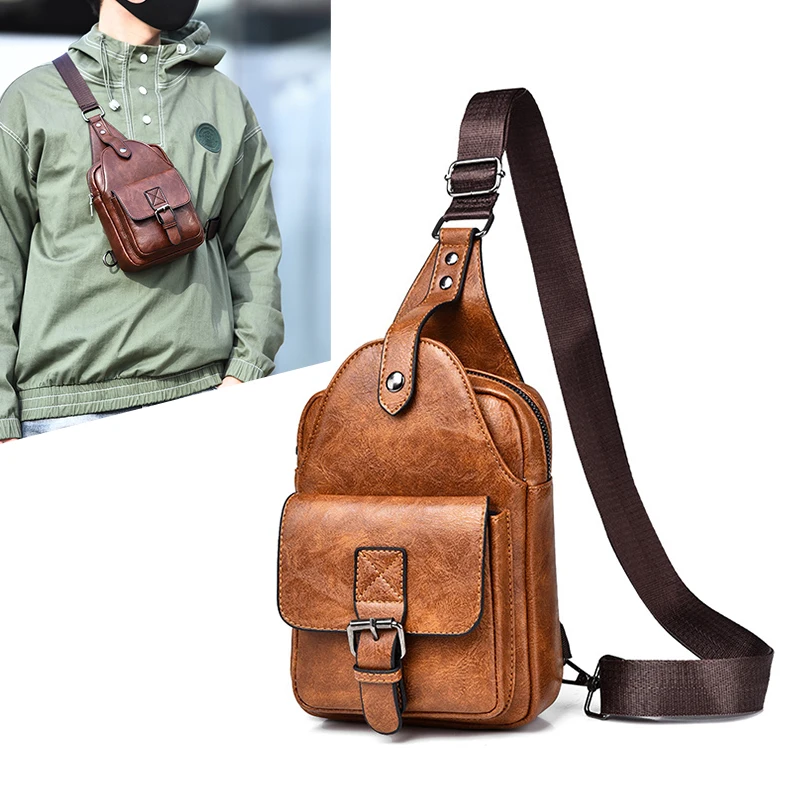 

Fashion Men'S Chest Bag Wallet PU Leather Backpack Sling Small Chest Pack Weekend Shoulder Necessaire Side Bag Male Husband