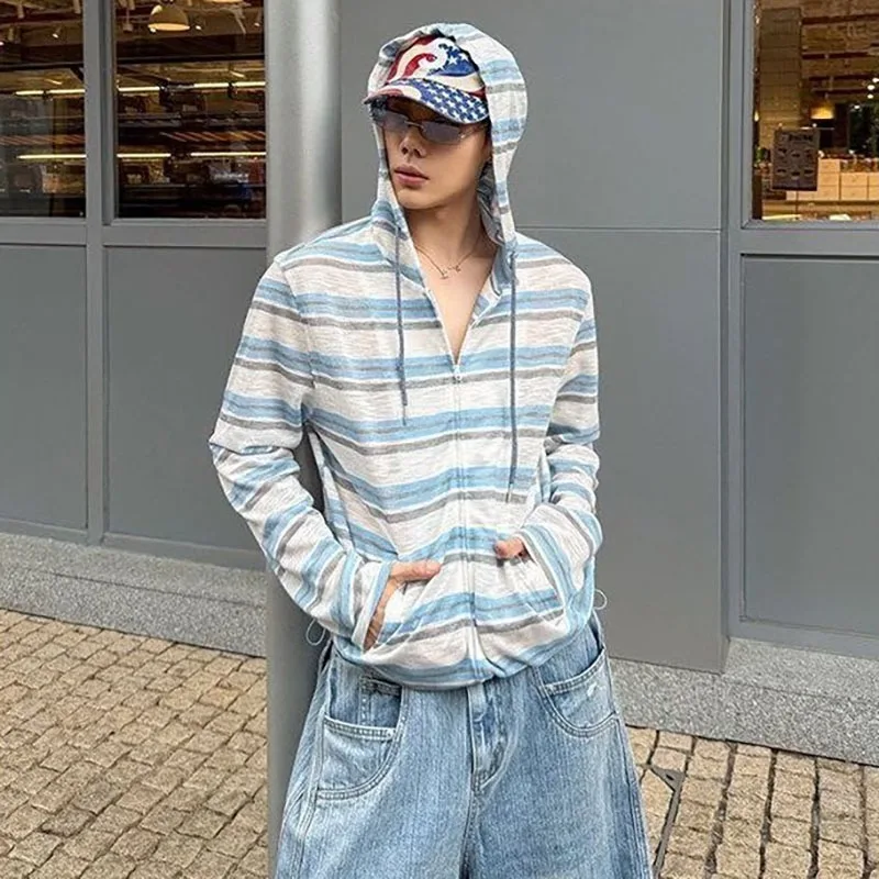 Skin Friendly Breathable Contrasting Striped Hoodie for Men Thin Breathable Zipper Jacket Drawstring Loose Sun Protection Cover