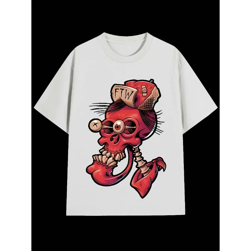 

Interesting Skull Print Patterns Cotton T-shirt Round Neck Short Sleeved T-shirt Short Sleeve Loose and Casual and Breathable
