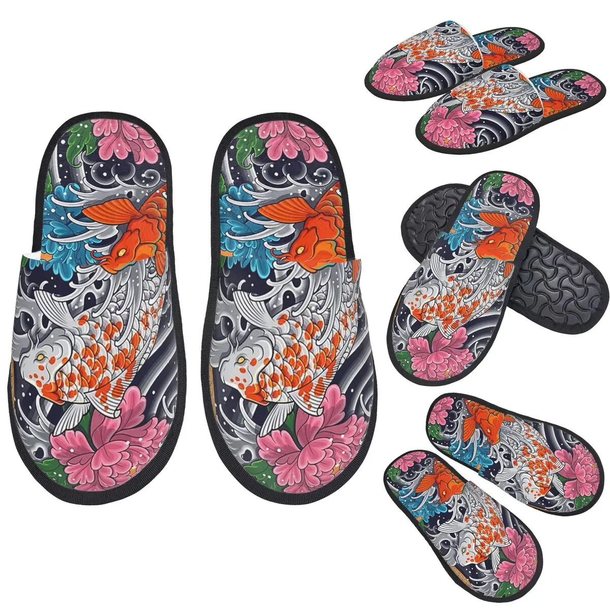 

Custom Koi Fish And Floral Pattern Slippers Memory Foam Warm Soft Women House Slipper Bedroom Fluffy Shoes