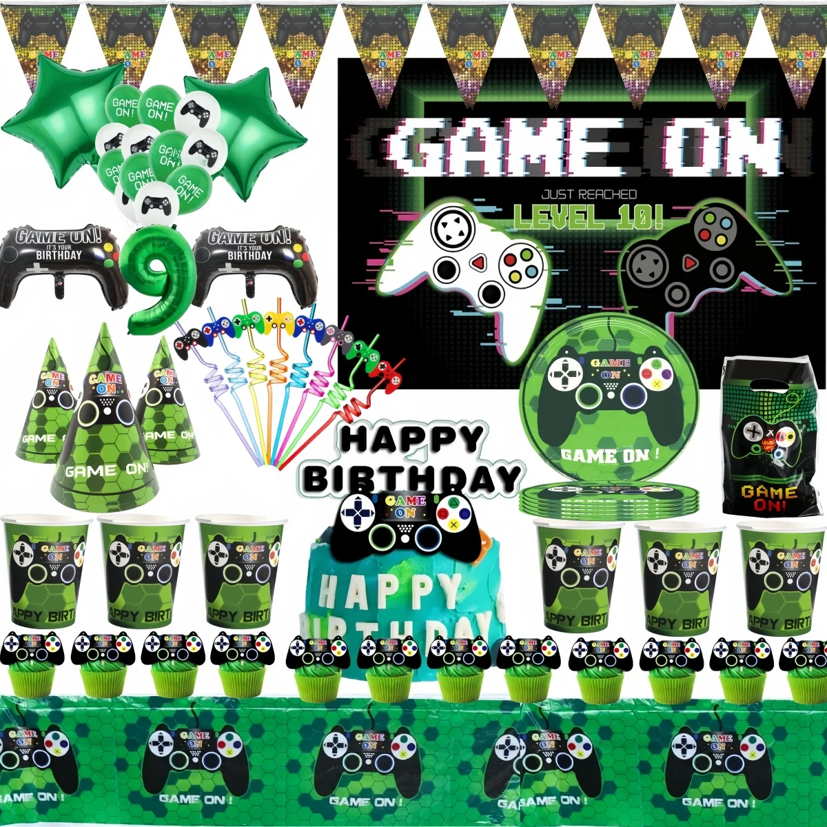 

Green Video Game Birthday Party Decoration Game on Disposable Plate Gift Bag Tablecloth Gamepad Balloon For Boy Party Supplies