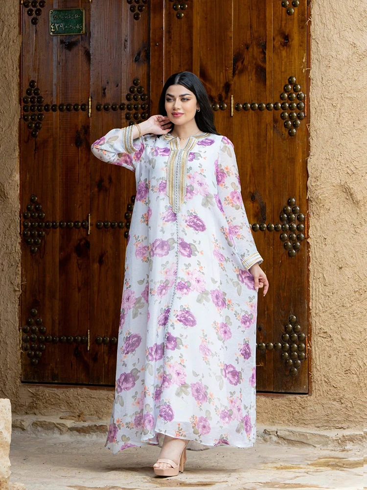 TOLEEN femmes robes au sol moyen-orient ample imprimé fleuri Robe pour femmes musulmanes à manches longues et Robe de soirée élégante