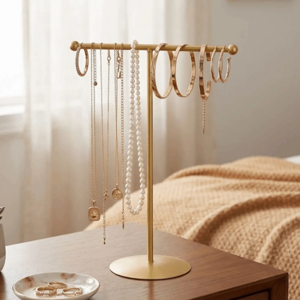 Metal Frame Jewelry Display Stand Round Base Single Layer Jewelry Storage Rack Horizontal Bar Moisture-proof Necklace Holder