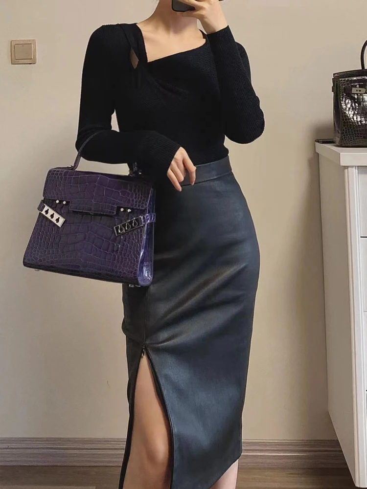 Stretch Leather Tight Skirt for Women 2025 Female Luxury Sheepskin Zipper Slit Slim Fit Wrap Jupe Mujer Pencil Midi Black Skirts