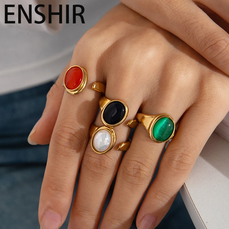ENSHIR 316L الفولاذ المقاوم للصدأ حجر ملون حلقة مستديرة للنساء الرجال تصميم بسيط متخصص مجوهرات هدايا بالجملة