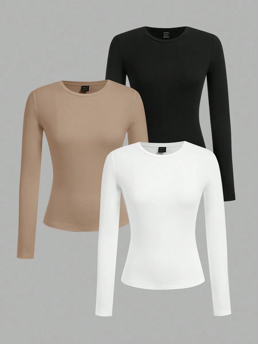 3-Pack Women's Slim Fit Round Neck Long Sleeve Tops - Beige, Black, White