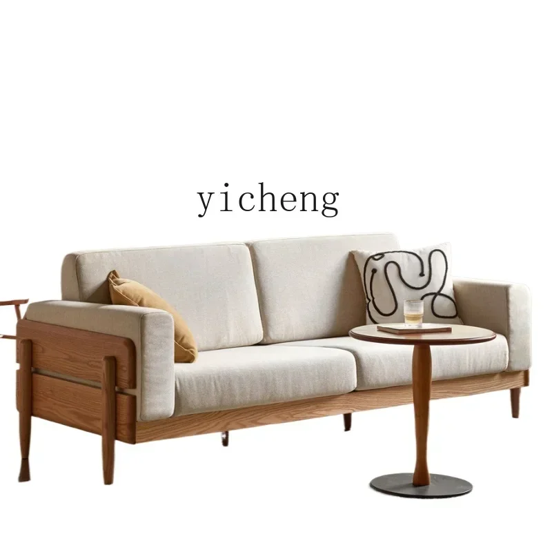 

solid wood sofa modern simple oak three-person sofa small apartment living room home fabric