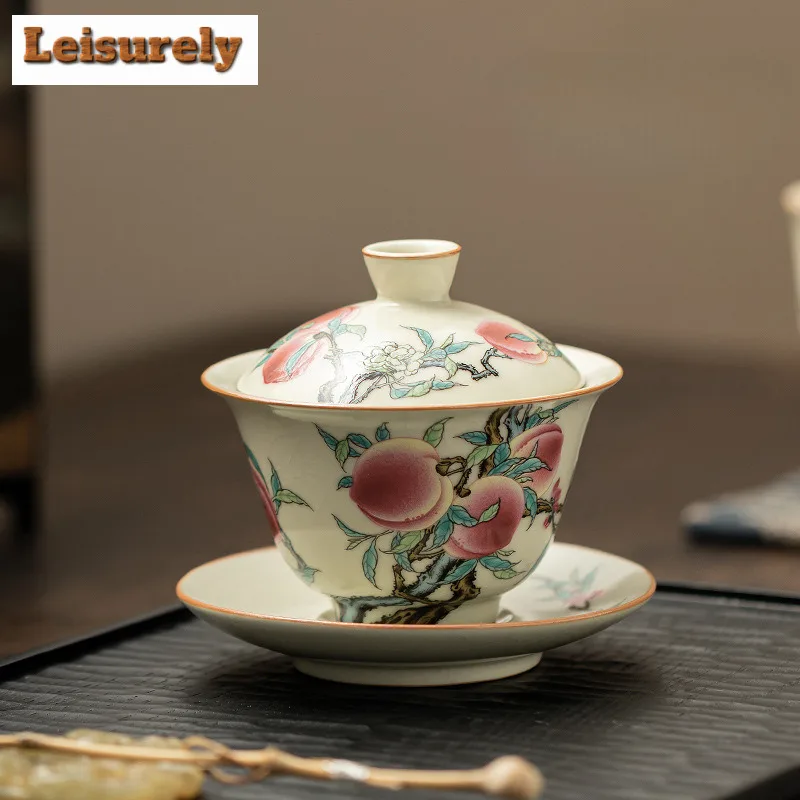 120ml Antique Ru Kiln Porcelain Gaiwan Creative Nine Peach Sancai  Tea Tureen Boutique Tea Maker Cover Bowl Tableware Craft Gift