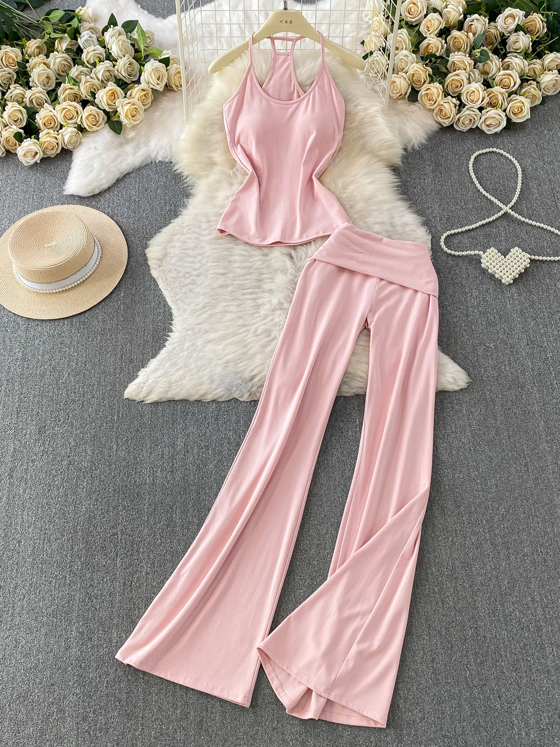 Sexy Hollow out Strapless Bra Top with Chest Pad Vest Design High Waist Bell Bottoms Two Piece Set for Young Women Summer Fas...