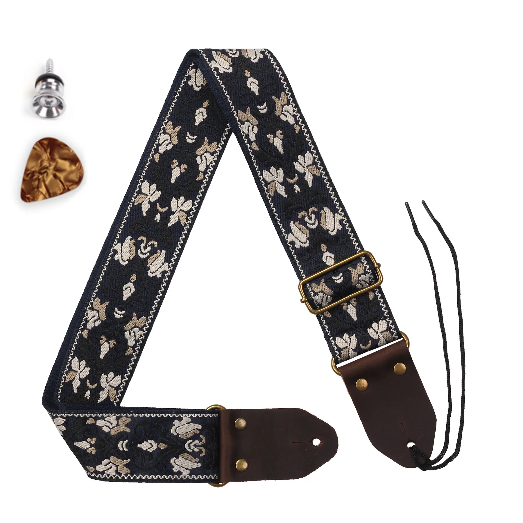 Vintage Flowers Guitar Strap Belt Bohemia Woven Embroidery Fabrics Genuine Leather Head Guitar Bass Strap with Tail Nail Pick