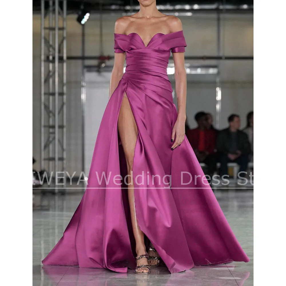 

Elegant Evening Dresses with Sweetheart Neck Ruched High Side Slit Party Gowns Off The Shoulder A-Line Sweep Train Prom Dresses