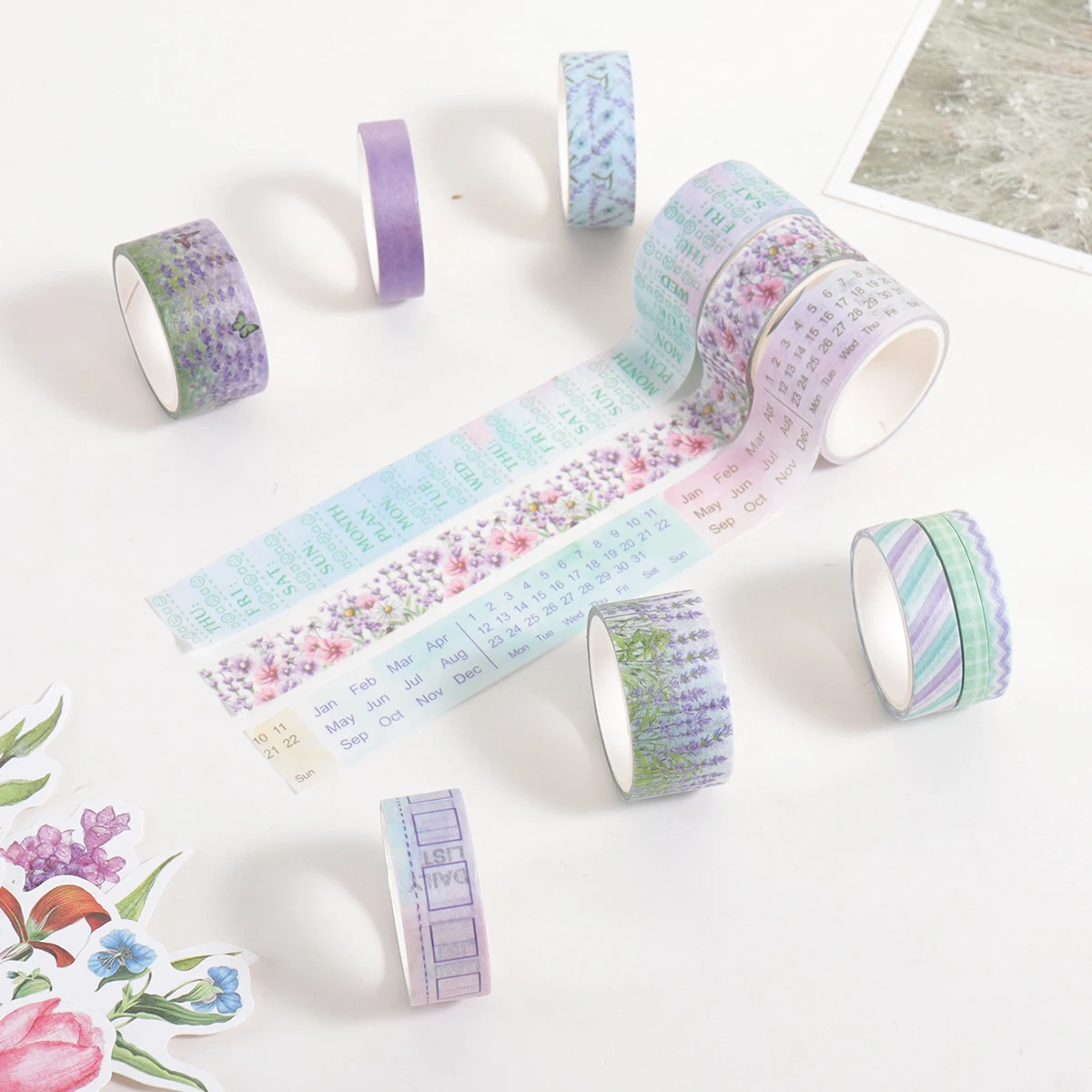 11 لفة من شريط واشي بطابع اللافندر، أنماط هندسية زهرية، مناسبة لسجل القصاصات بنفسك، مواد تزيين الألبوم #4