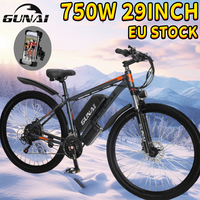 EU STOCK 750W Electric Bicycle, GUNAI 29Inch Off-Road Tire 48V 15Ah Battery 21 Speed Gear Adult Mountain Bike, with luggage bag