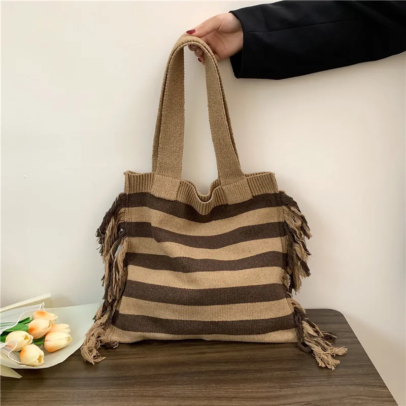 Morandi Color Striped Tassel Knit Handwoven Large Tote Womens 2023 Fashion Trend Shoulder Bag Korean Soft Eco Friendly Wholesale