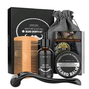 Juego de 5 uds de barba para hombres, aceite para el crecimiento de la barba, potenciador del cabello para hombres, bigote más grueso, cuidado de la barba, bolsa de peine de aceite