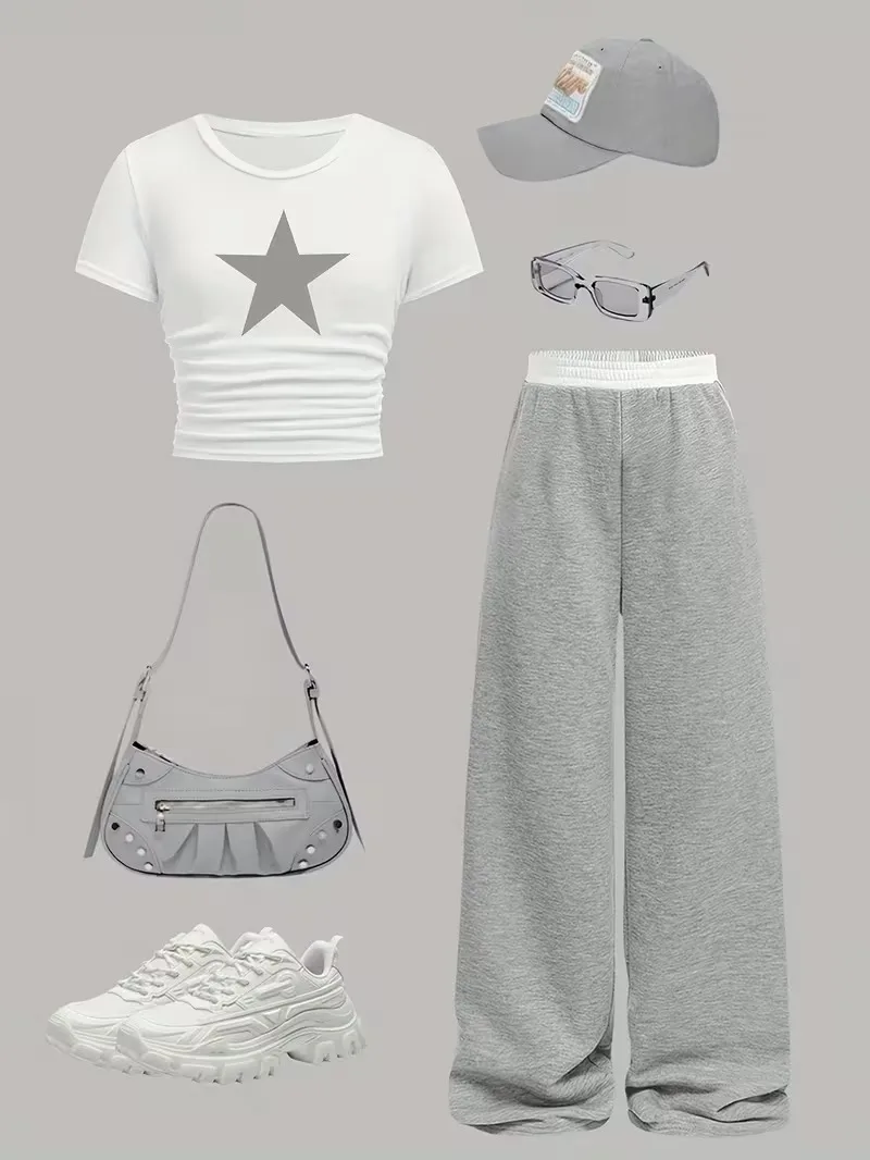 Star Print Girls 2 Piece Pants Set White Ruched Crop Top & Grey Wide Leg Pants Cute Casual Outfit