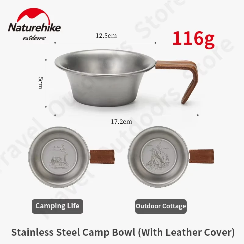 Naturehike 300ML Stainless Steel Bowl Camping Outdoor Travel Leather Handle Tableware Ultralight Picnic Retro Bowl Cookware 116g