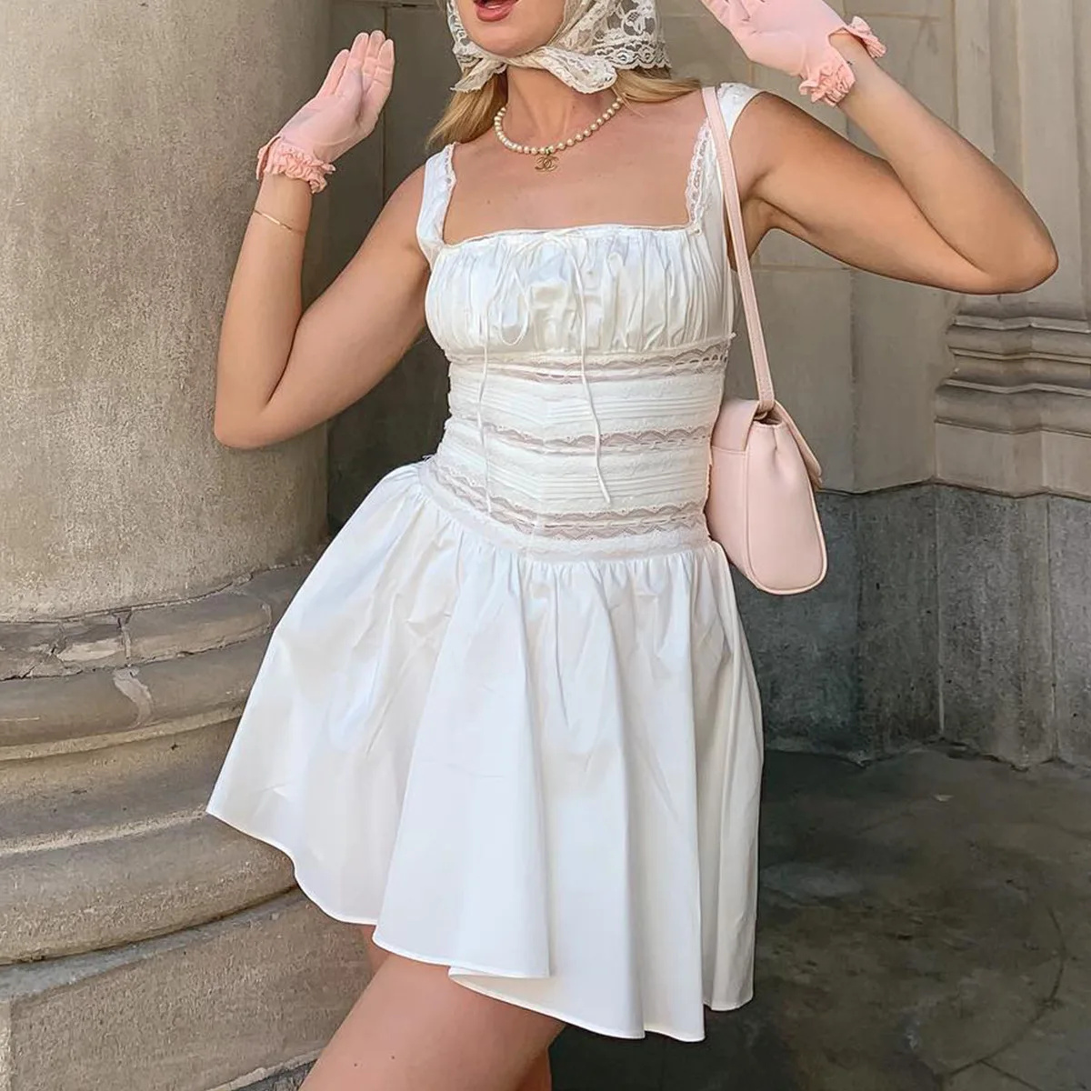 

Sexy lace suspender pure desire white dress fashionable simple versatile temperament elegant vacation style high-end dress
