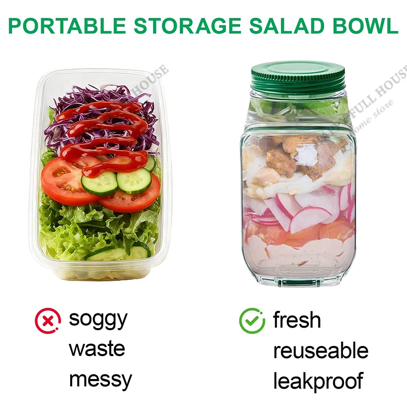حاوية سلطة بلاستيكية محكمة الغلق مفتوحة من الجانب، برطمانات سلطة محمولة تحافظ على حاوية سلطة الغداء الطازجة