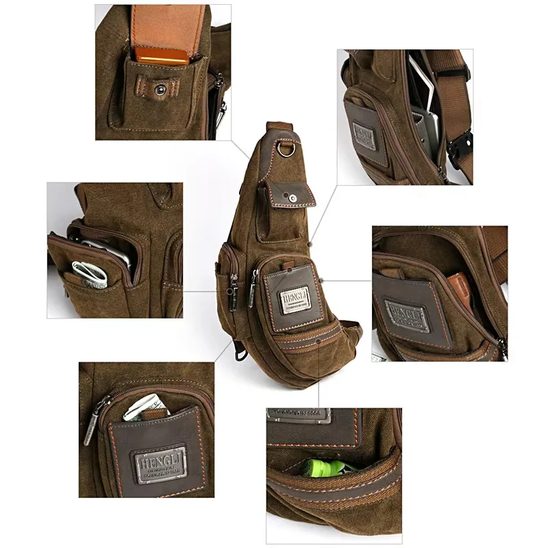Ruil Men Retro Canvas Chest Bag Versatile Casual Crossbody Shoulder Messenger Bag Outdoor Daily Travel Sling Bag