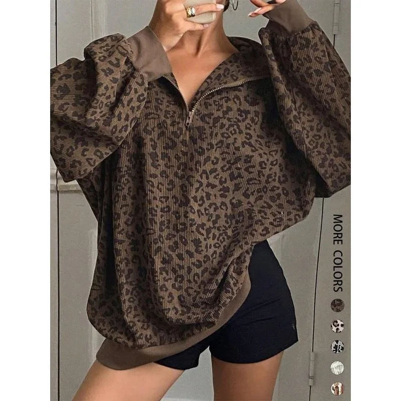 

L 49451 Zipper Corduroy Sweatshirt Leopard Print Women's Fashion Spring Collection High Quality Ladies' Sweatshirt