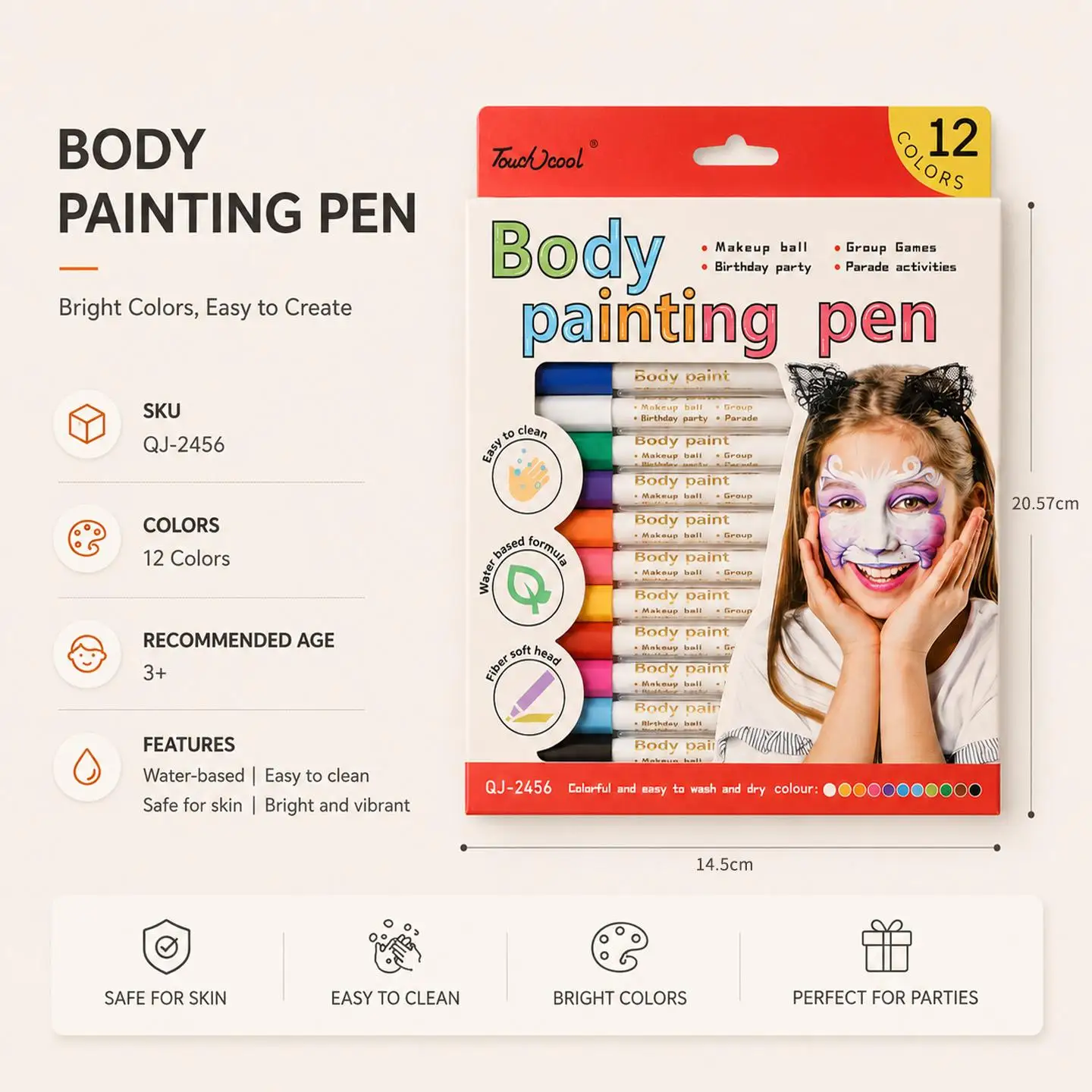 12 Kleurige Body Art Verfmarkers voor Gezichtsverf, Niet-Toxisch, Afwasbaar, Tattoo Tekenen Pen Set, Huid Graffiti voor Kinderfeestjes, Cosplay