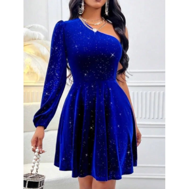 

Elegant One-Shoulder Velvet Dress with Sequin Embellishments, Long Sleeve, Short Length, Polyester and Spandex Blend