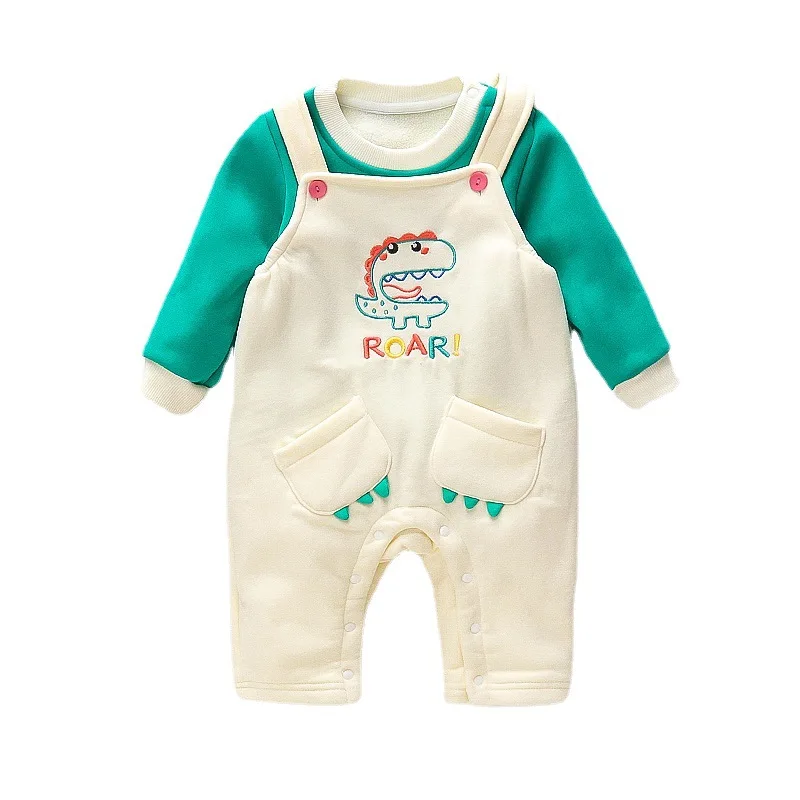 

Newborn baby clothes suit boys and girls autumn and winter cotton thick wool sweatshirt, cute dinosaur suspenders for 1 year old