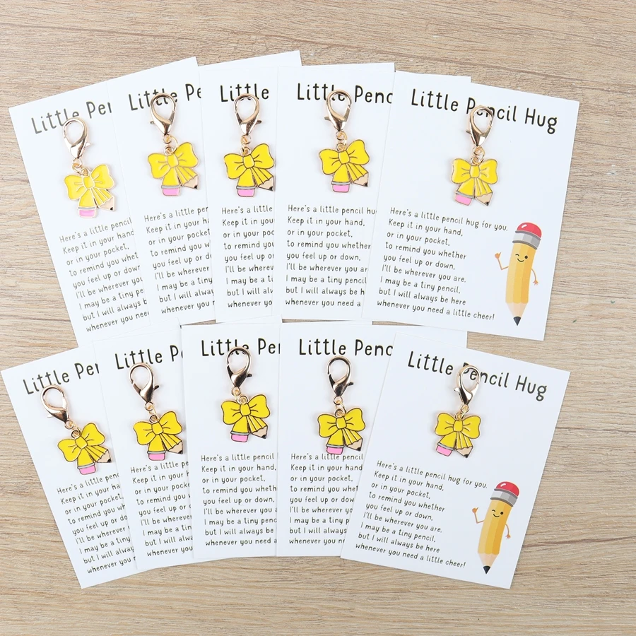 5 Pieces/10 Pieces Bow-Shaped Pencil Keychains, with a Pencil Greeting Card Attached, Suitable as Rewards for Academic Progress, Small Rewards for Classroom Interaction, Perfect as Small Gifts for Students and Colleagues, Pencil Backpack Charms, Small Gifts for Study Parties