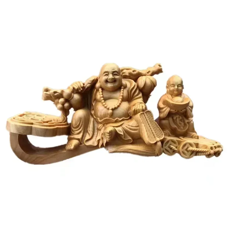 

Wooden carving Ruyi ingot Maitreya Decorative figure statue Solid wood hand carving Chinese mascot Home roomdecoration ornaments