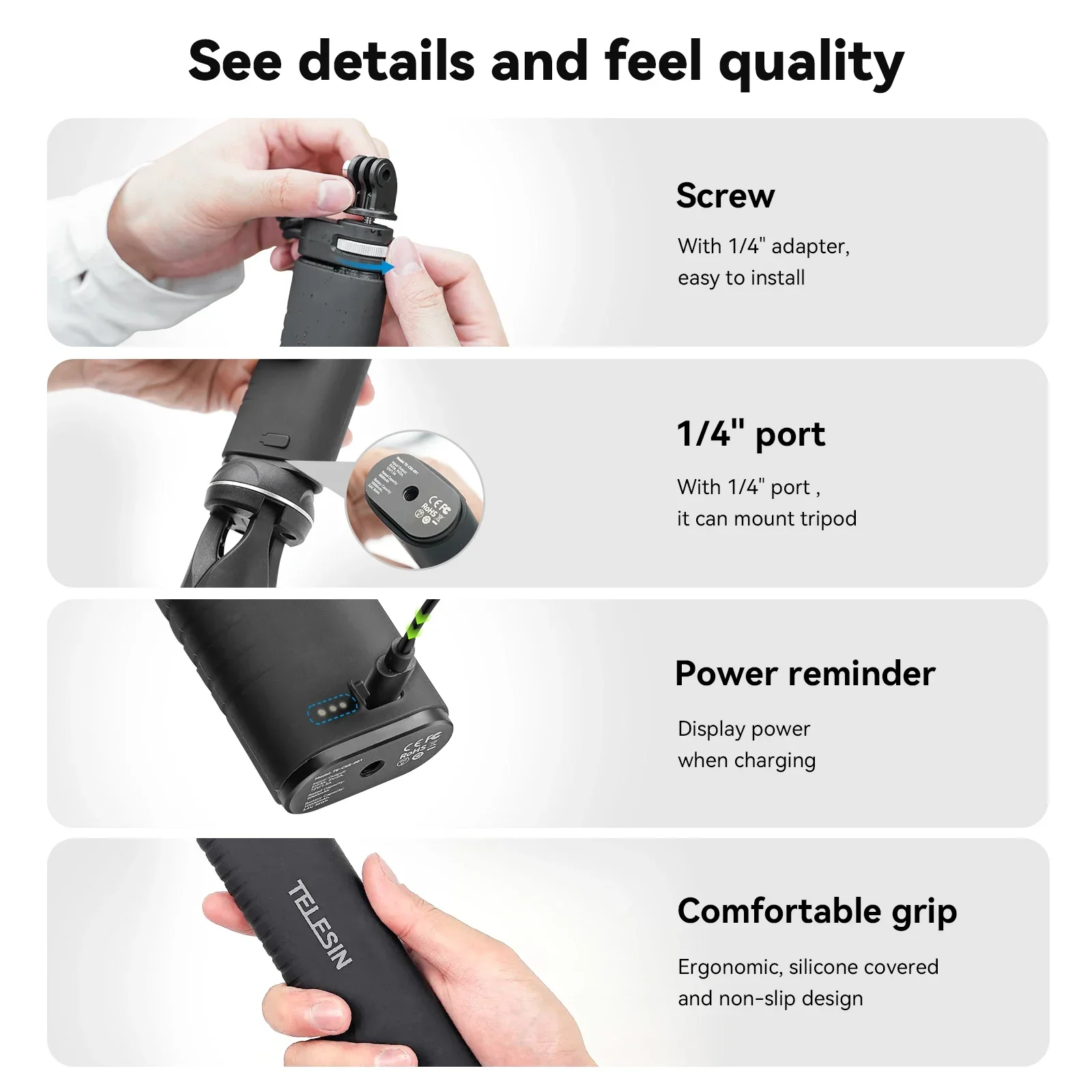 TELESIN Rechargeable Selfie Stick for Gopro Hero 13 12 11 10 9 DJI OSMO Action 5 4 3 Insta360 High-Capacity Battery HandGrip