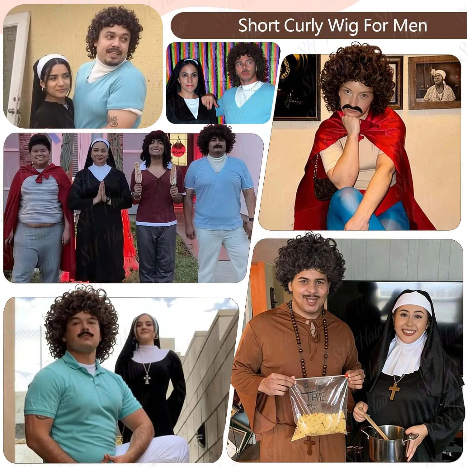 Synthetic 70s 80s Men's Short Black Brown Wig with Mustache Afro Curly Rocker Funny Wigs for Cosplay Halloween, Nacho Libre Wig