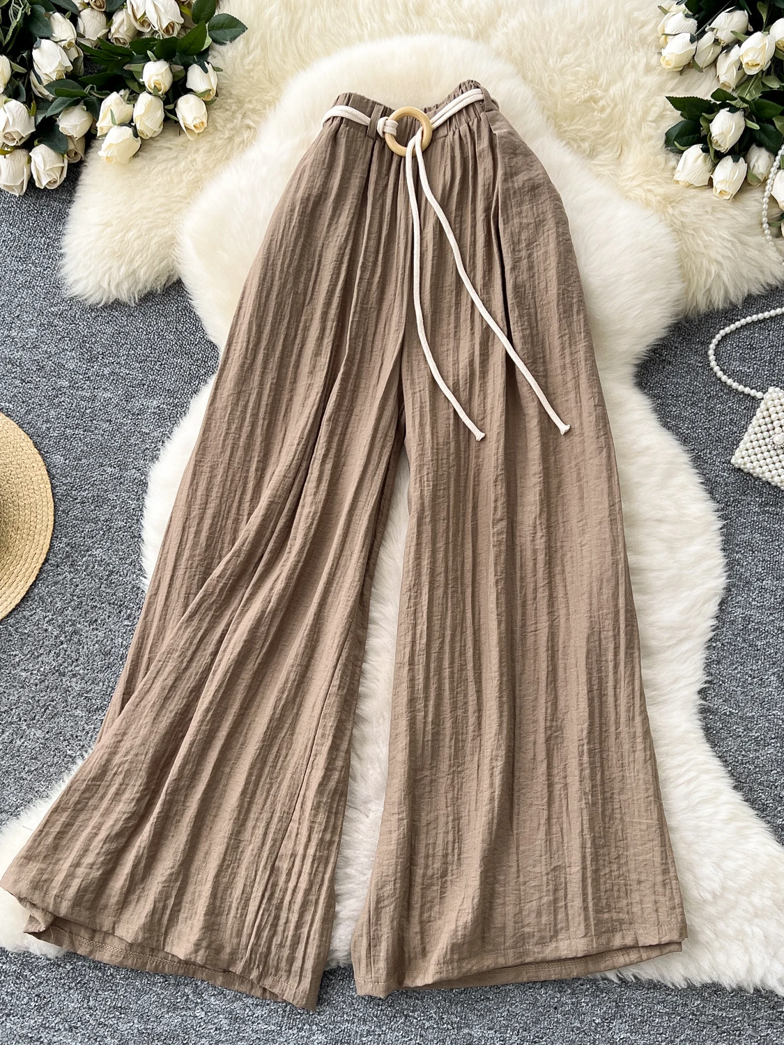 مكتب سيدة كسول بنطال ذو قصة أرجل واسعة صيف 2025 السراويل الجديدة الفضفاضة الدانتيل يصل تمتد الخصر بنطلون فضفاض الشيفون بالازو امرأة Sweatpants #4