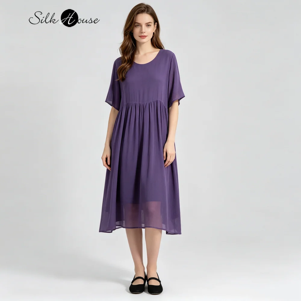 Vestido Elegante de Talla Grande para Mujer, Color Morado, 100% Seda Natural de Morera, Doble Capa, Georgette, Cuello Redondo, Manga Media